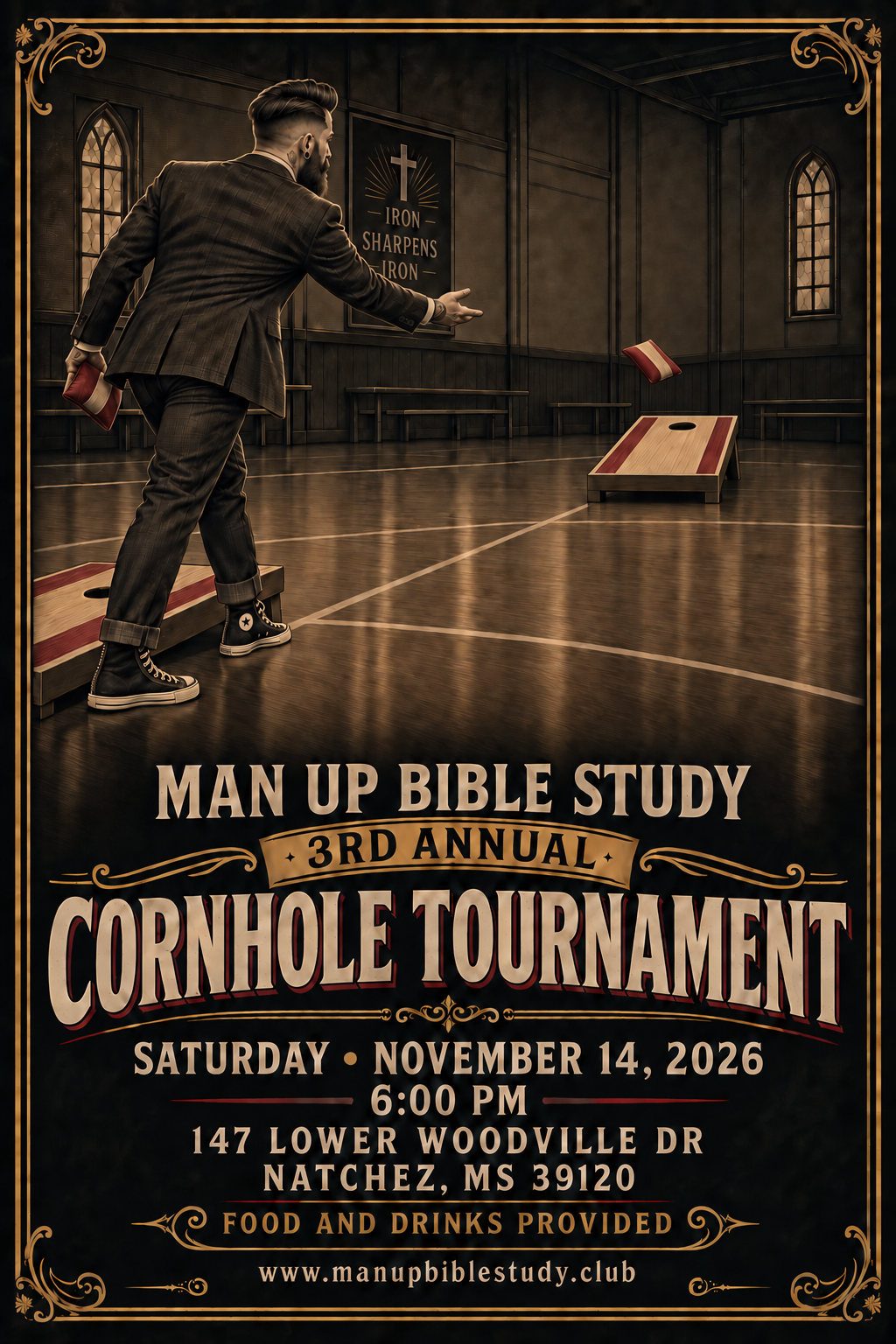 Man Up Bible Study 3rd Annual Cornhole Tournament flyer