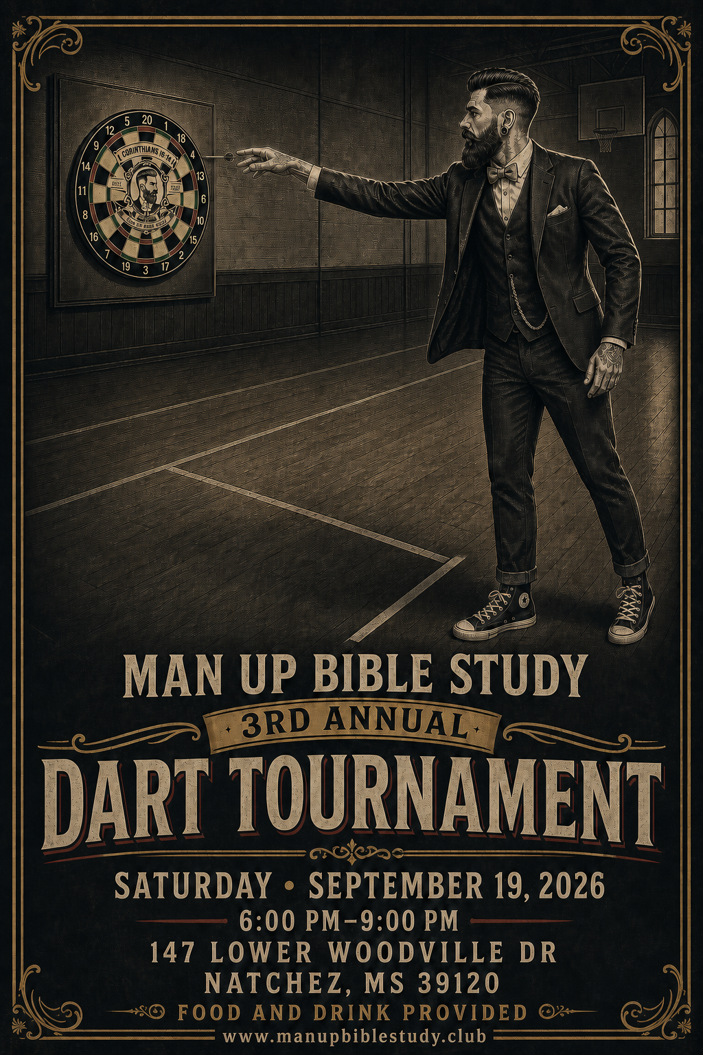 Man Up Bible Study 3rd Annual Dart Tournament flyer